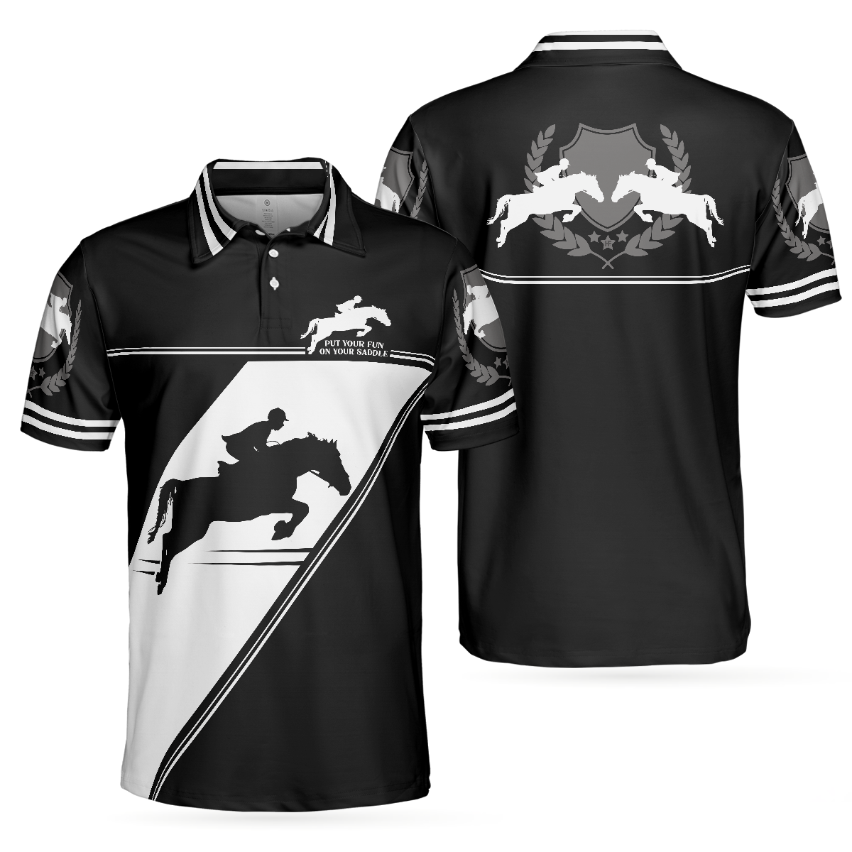 Put Your Fun On Your Saddle Horse Riding Polo Shirt Black And White Ho