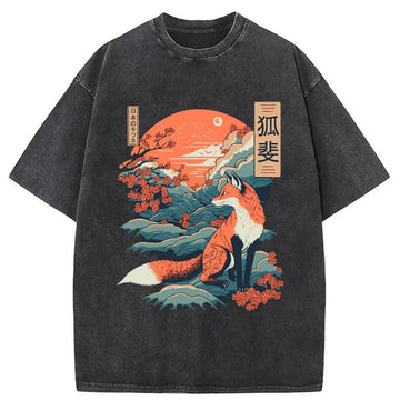 Personality fashion Japanese Kitsune Fox Sakura Washed T-Shirt