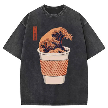Personality fashion The Great Wave of Coffee Washed T-Shirt