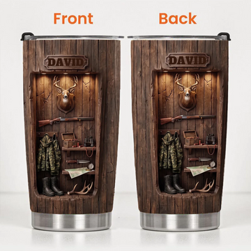 Personalized Hunting Deer Tumbler - Custom Name Wood Cabin Travel Mug - Gift For Hunters