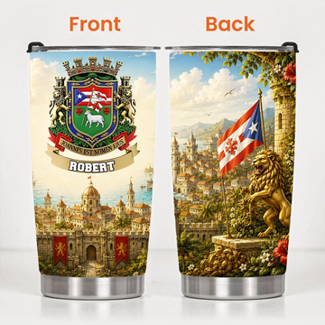 Puerto Rican Family Crest Customized Thermos Cup - Personalized Name - Gift For Dad, Husband, Grandpa
