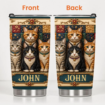 Personalized Vintage Cat Family Tumbler - Custom Name Floral Cat Cup - Gift For Cat Lovers