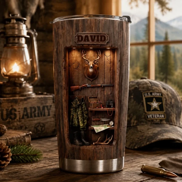 Personalized Hunting Deer Tumbler - Custom Name Wood Cabin Travel Mug - Gift For Hunters