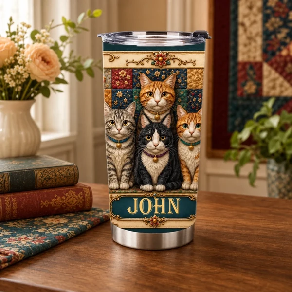 Personalized Vintage Cat Family Tumbler - Custom Name Floral Cat Cup - Gift For Cat Lovers