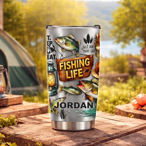 Eat Sleep Fish Repeat Customized Thermos Cup - Personalized Name - Gift For Fishing Enthusiasts