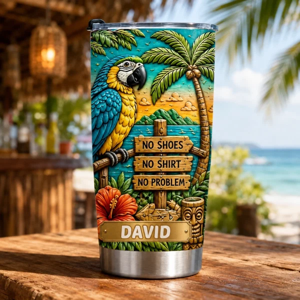 Personalized Tropical Parrot Tumbler - Custom Name Summer Beach Cup - Gift For Parrot Lovers