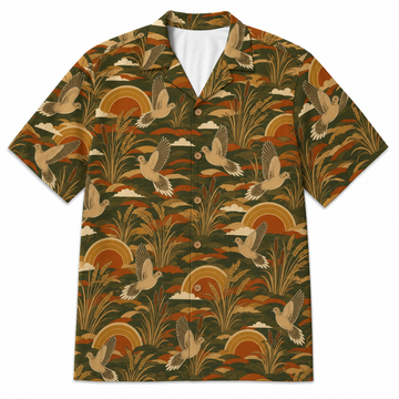Dove Hunting Hawaiian Shirt for Men ¡ª Retro 70s Sunset Mourning Dove & Sunflower Print, Olive, Gift for Dove Hunters