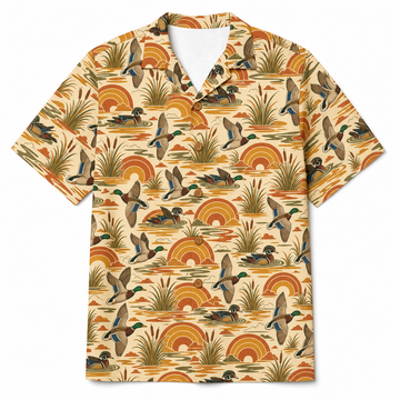 Duck Hunting Hawaiian Shirt for Men ¡ª Retro 70s Sunset Mallard & Wood Duck Print, Gift for Waterfowl Hunters