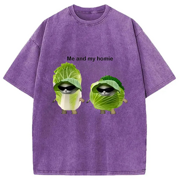 Personality fashion Funny Cabbage Cat Meme Washed T-Shirt