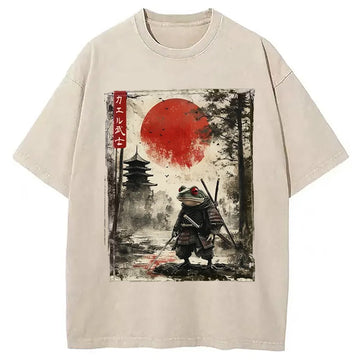 Personality fashion Retro Frog Samurai Japan Washed T-Shirt
