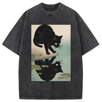 Personality fashion Cat Drinking River Water Washed T-Shirt