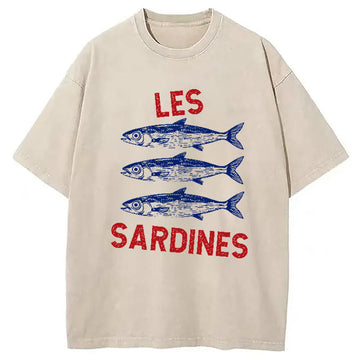 Personality fashion Sardine Tinned Fish French Washed T-Shirt