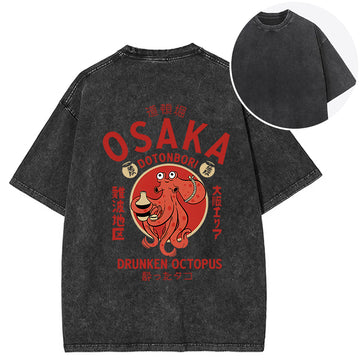 Personality fashion Drunken Octopus Japan Back Washed T-Shirt