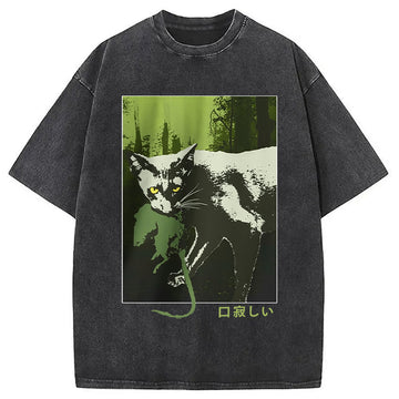 Personality fashion Kuchisabishii Vintage Japanese Cat Washed T-Shirt