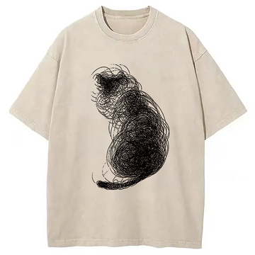 Personality fashion Chaotic Line Art Of A Curled Cat Washed T-Shirt