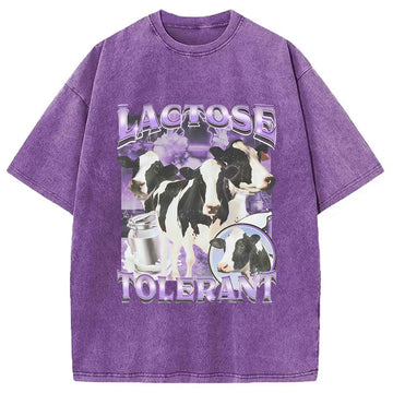 Personality fashion Lactose Tolerant Cow Washed T-Shirt