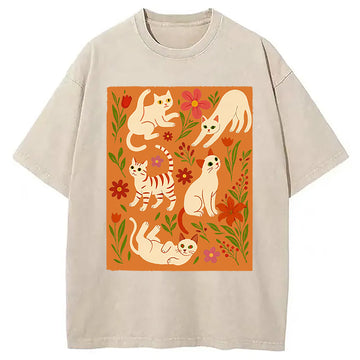 Personality fashion Cats And Flowers Washed T-Shirt