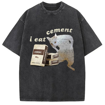 Personality fashion I Eat Cement White Cat Washed T-Shirt