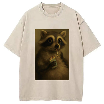 Personality fashion Smoking Raccon Washed T-Shirt