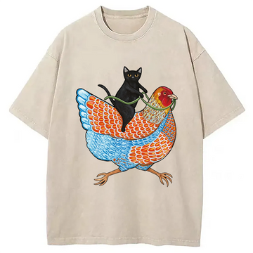 Personality fashion Black Cat On a Wyandotte Chicken Washed T-Shirt