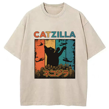 Personality fashion Catzilla Japanese Funny Retro Washed T-Shirt