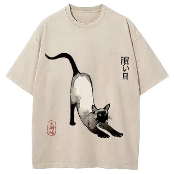 Personality fashion Japanese Siamese Cat Washed T-Shirt