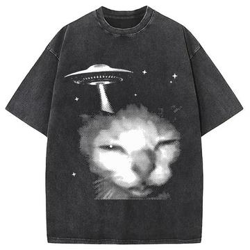 Personality fashion Alien Cat Meme UFO Vintage Washed T-Shirt