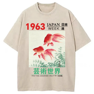 Personality fashion Two Veil Goldfish Washed T-Shirt
