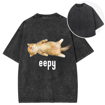 Personality fashion Silly Sleepy Cat Meme Back Washed T-Shirt