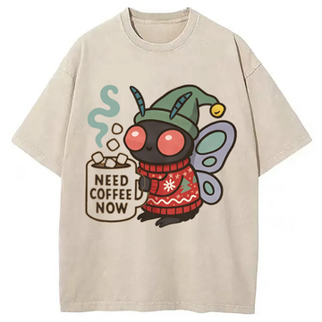 Personality fashion Creepy Cute Mothman Coffee Washed T-Shirt
