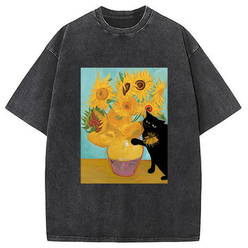 Personality fashion Sunflowers With A Cat Washed T-Shirt