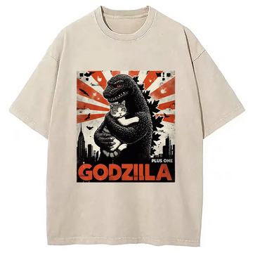 Personality fashion Catzilla Funny Monster And Cat Vintage Washed T-Shirt