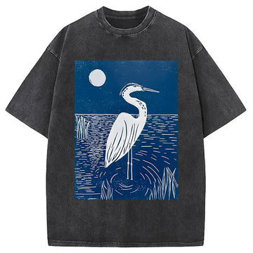 Personality fashion Woodcut Crested Lbis Washed T-Shirt
