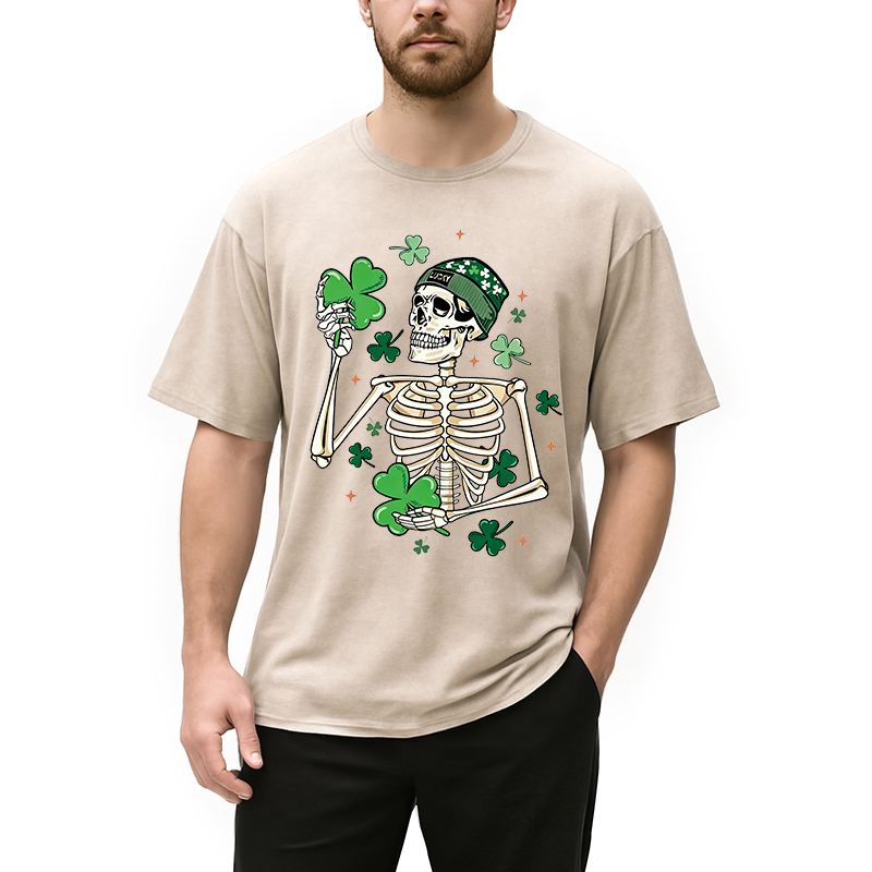 Personality fashion St. Patrick's Skeleton Washed T-Shirt