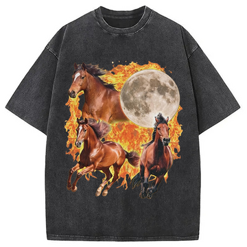 Personality fashion Y2K Fire Horse Year Washed T-Shirt