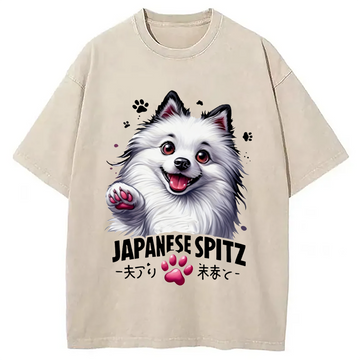 Personality fashion Japanese Spitz Washed T-Shirt