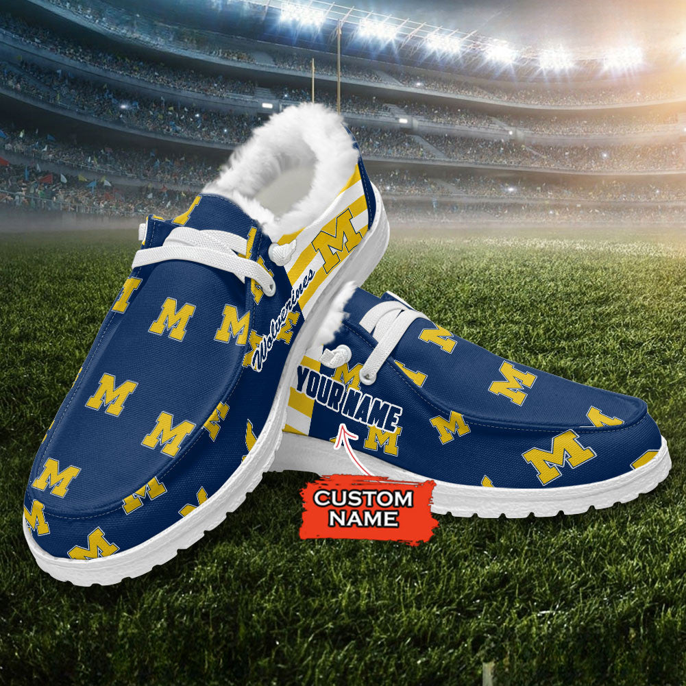 Custom Name NCAA 29 Michigan Wolverines Hey Dude with warm fur lining Shoes