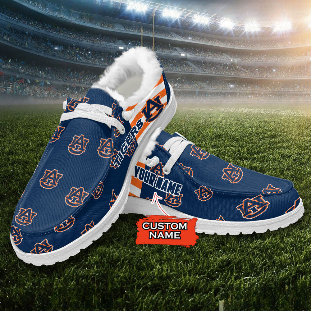 Custom Name NCAA 03 Auburn Tigers Hey Dude with warm fur lining Shoes