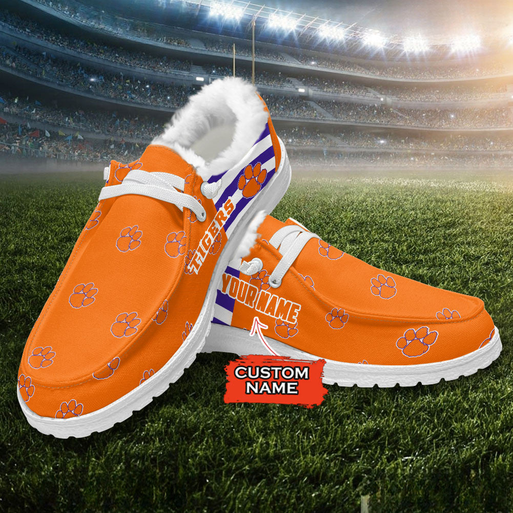 Custom Name NCAA 05 Clemson Tigers Hey Dude with warm fur lining Shoes