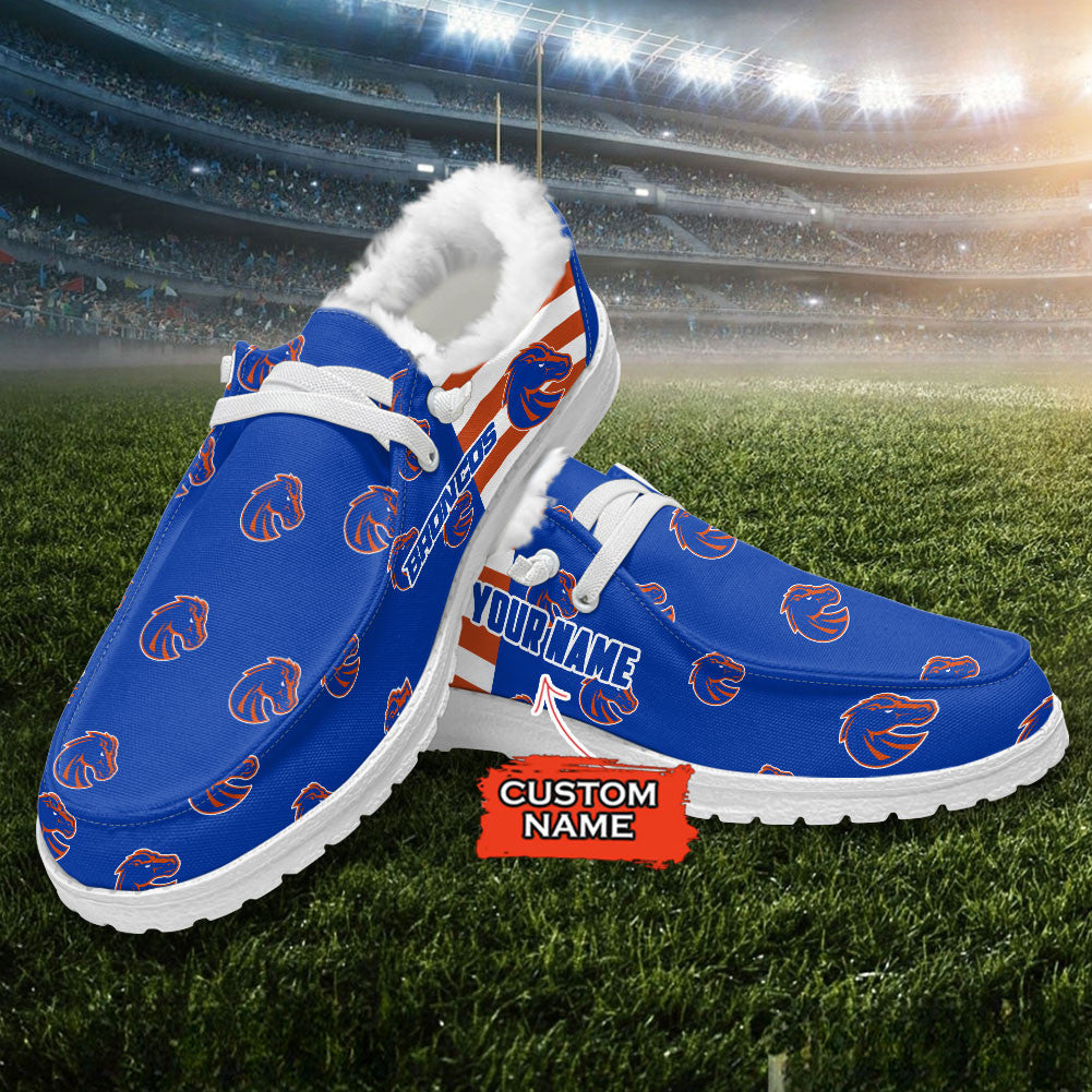 Custom Name NCAA 23 Boise State Broncos Hey Dude with warm fur lining Shoes