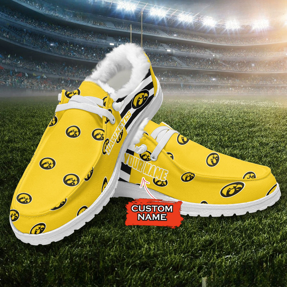 Custom Name NCAA 24 Iowa Hawkeyes Hey Dude with warm fur lining Shoes