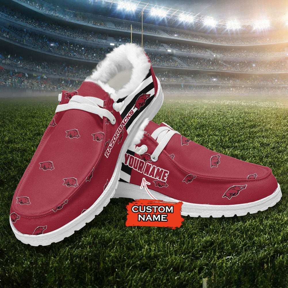 Custom Name NCAA 22 Arkansas Razorbacks Hey Dude with warm fur lining Shoes