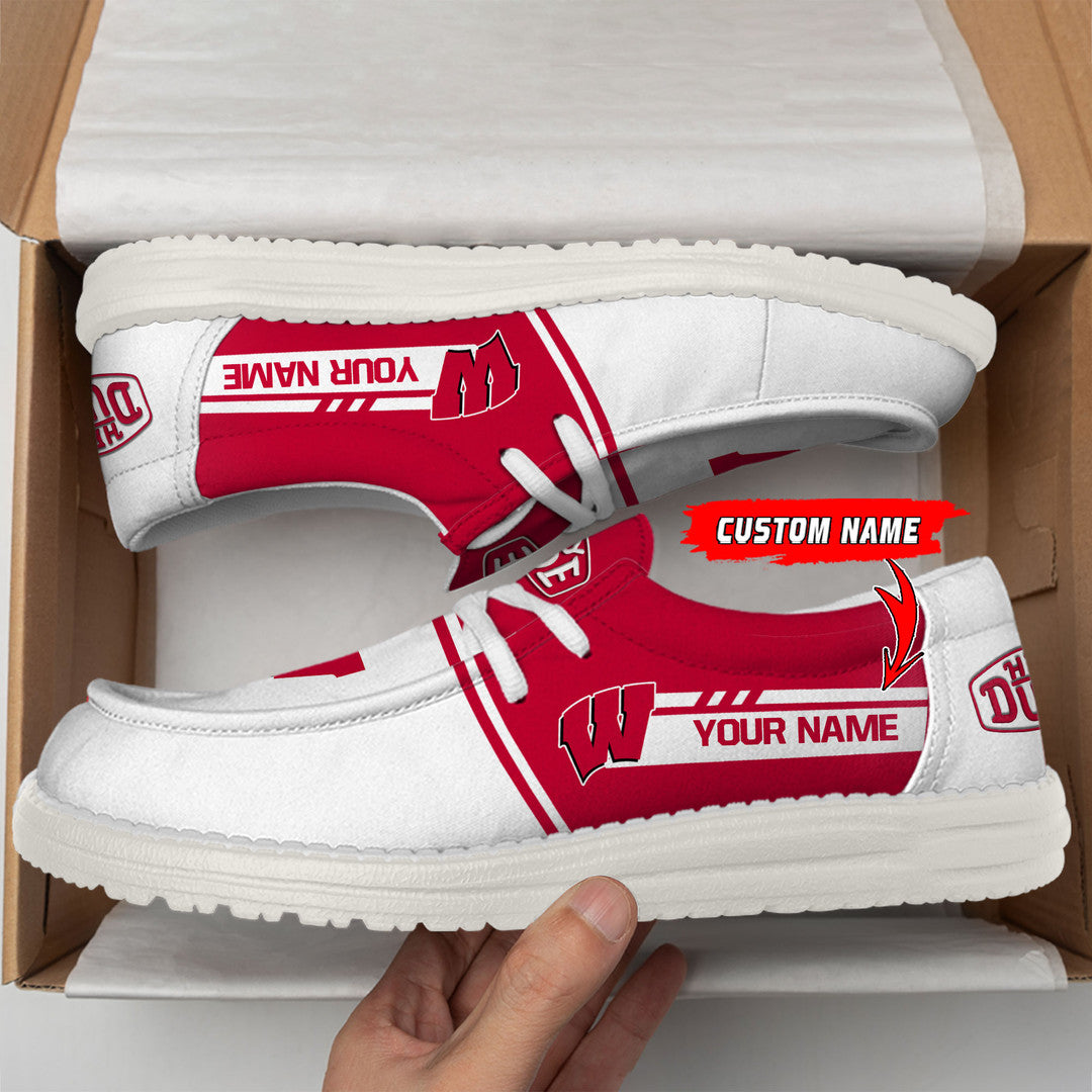 NCAA 37 Wisconsin Badgers Football Hey Dude Canvas Loafer Shoes-Custom Name