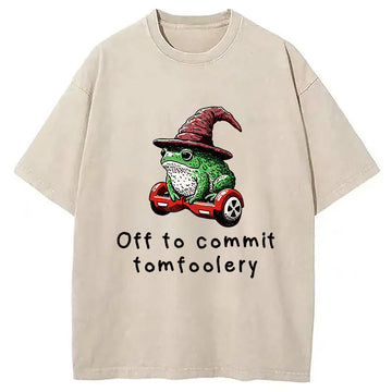 Personality fashion Japanese Frog Riding A Balance Scooter Washed T-Shirt