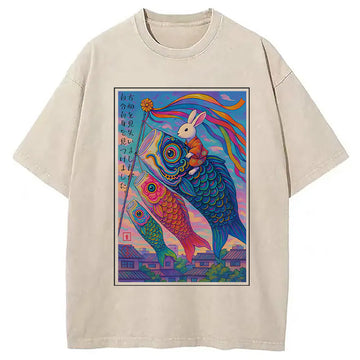 Personality fashion Ukiyoe Rabbit Ride Carp streamer Poster Washed T-Shirt