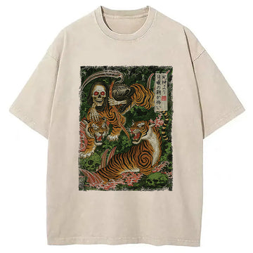 Personality fashion Death God And Tiger Washed T-Shirt