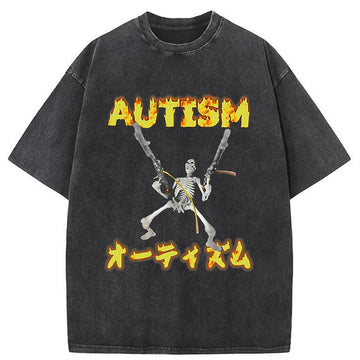 Personality fashion Autism Funny Skeleton Washed T-Shirt