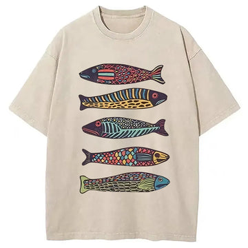 Personality fashion Colourful Schools Of Fish Washed T-Shirt