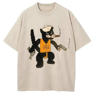 Personality fashion Black Cat Patrol Squadron Washed T-Shirt
