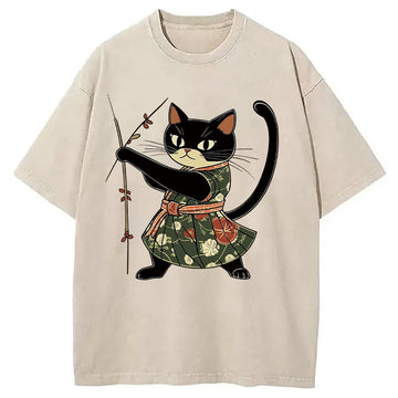 Personality fashion Kimono Samurai Black Cat Washed T-Shirt
